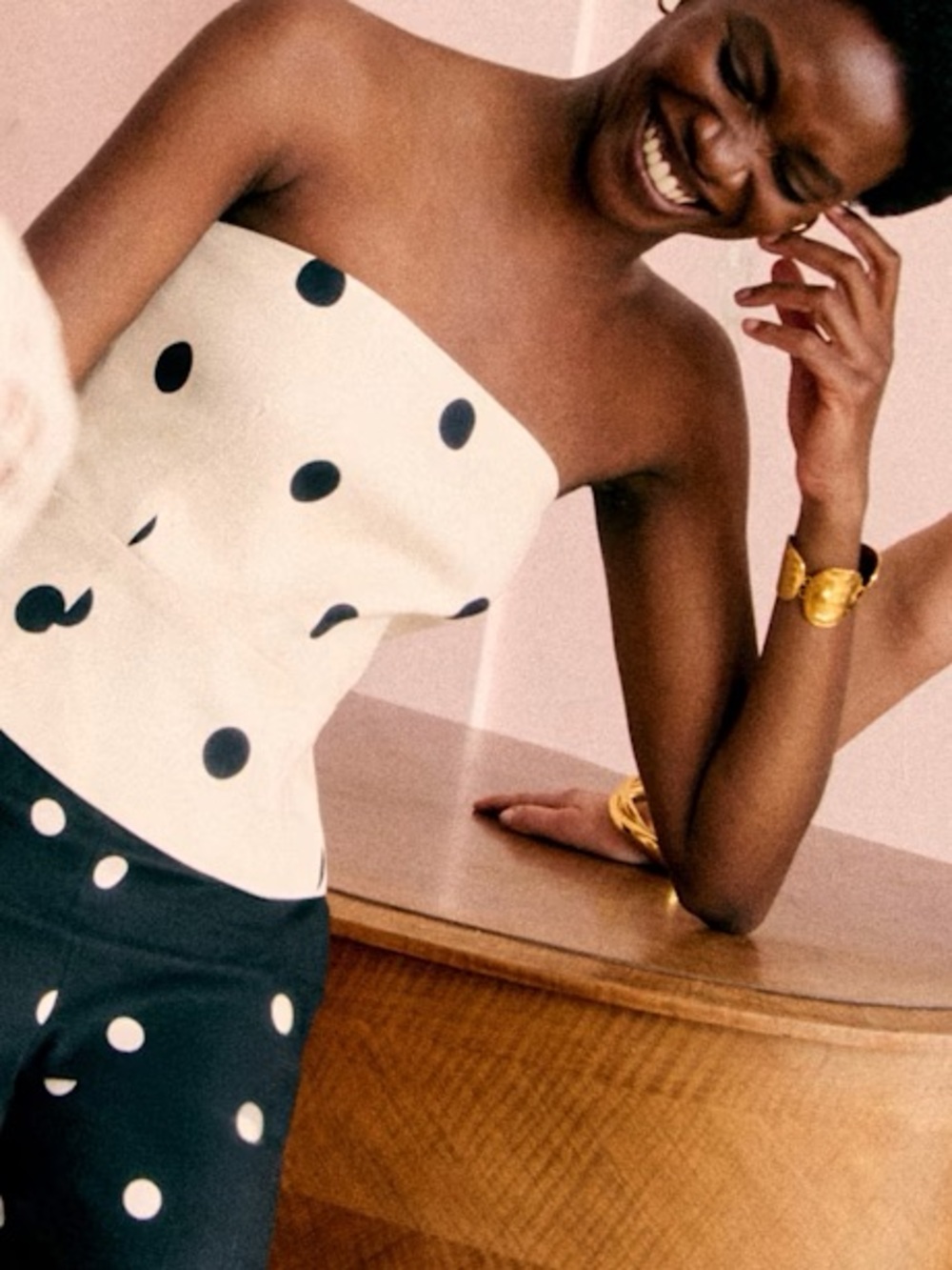 SEZANE EDITIONS Ecru Cream & Black Polka Dot Printed Linen Strapless Peplum Top - Picture 8 of 17